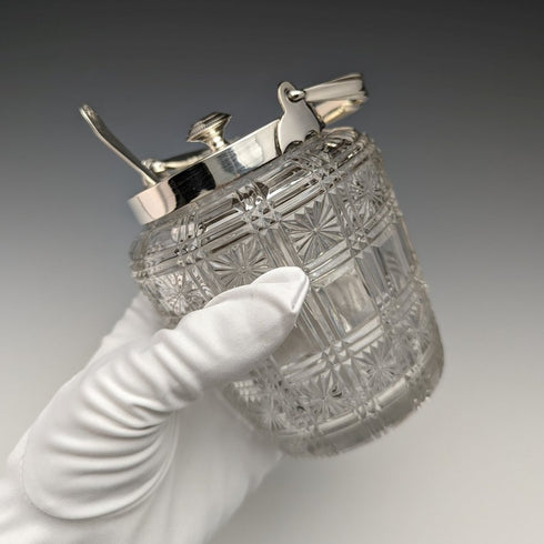 British antique cut glass jam pot silver plate lid with spoon